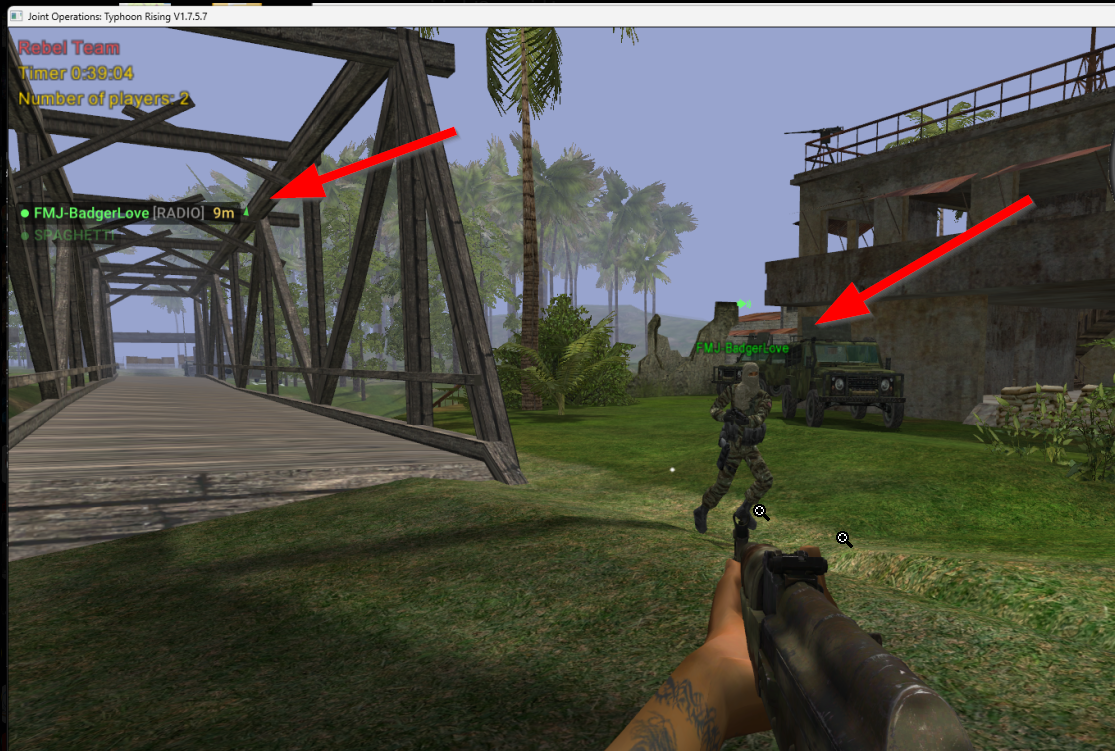 Mumble Talkers Overlay in-game — the left-side talker list and a green speaker icon floating above a teammate